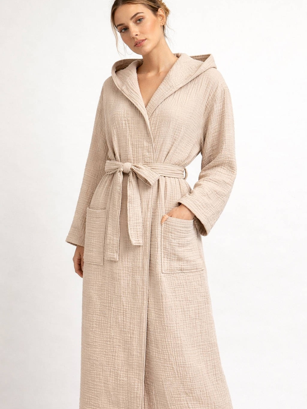 Hooded Cotton Gauze Robe with Self-Tie Belt in Sand